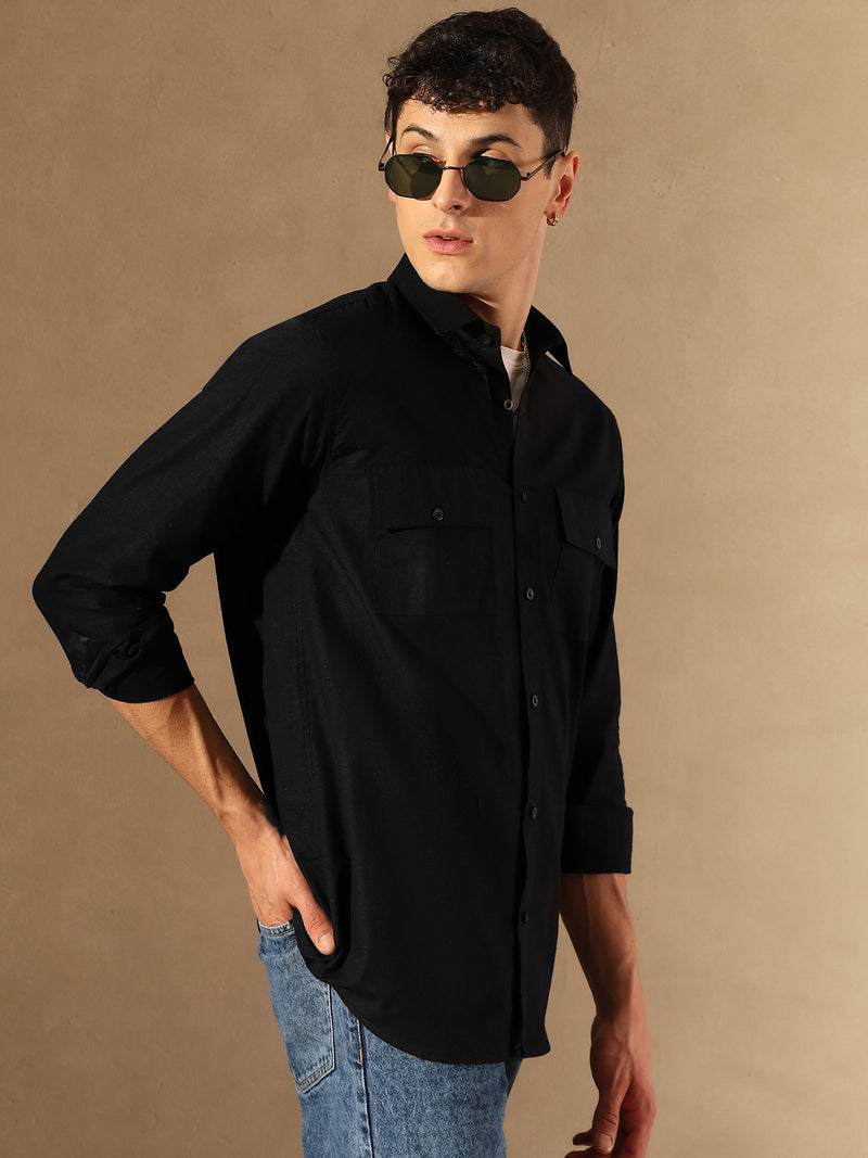 Black: Double Pocket Cotton Linen Shirt