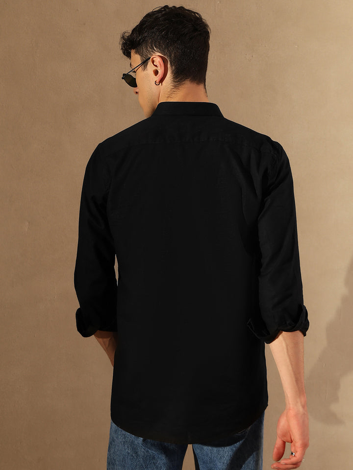 Black Double Pocket Cotton Linen Shirt