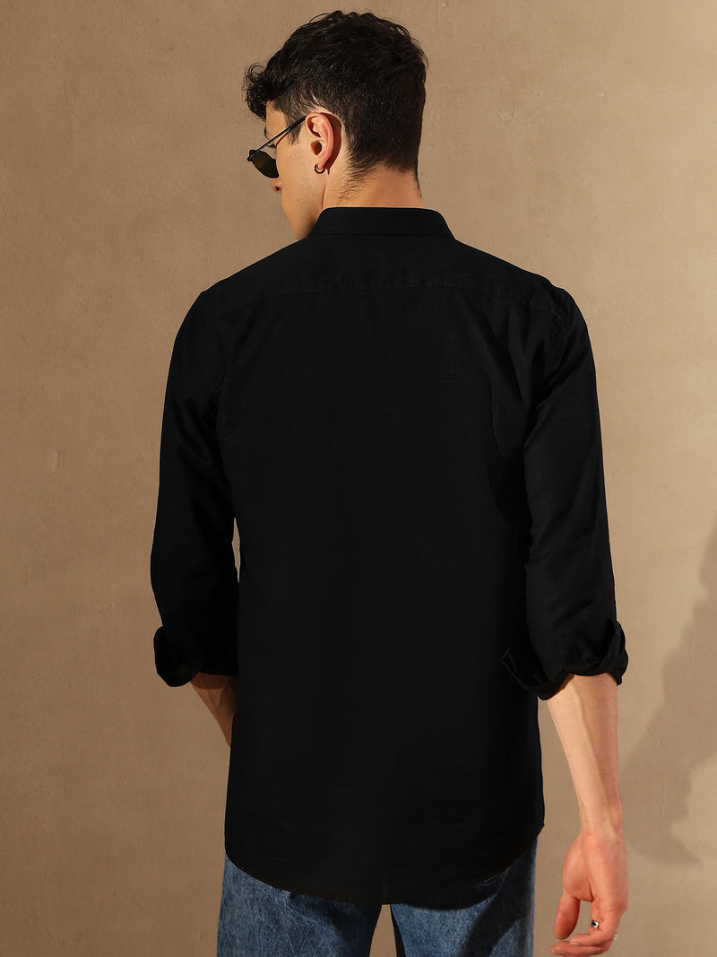 Black: Double Pocket Cotton Linen Shirt