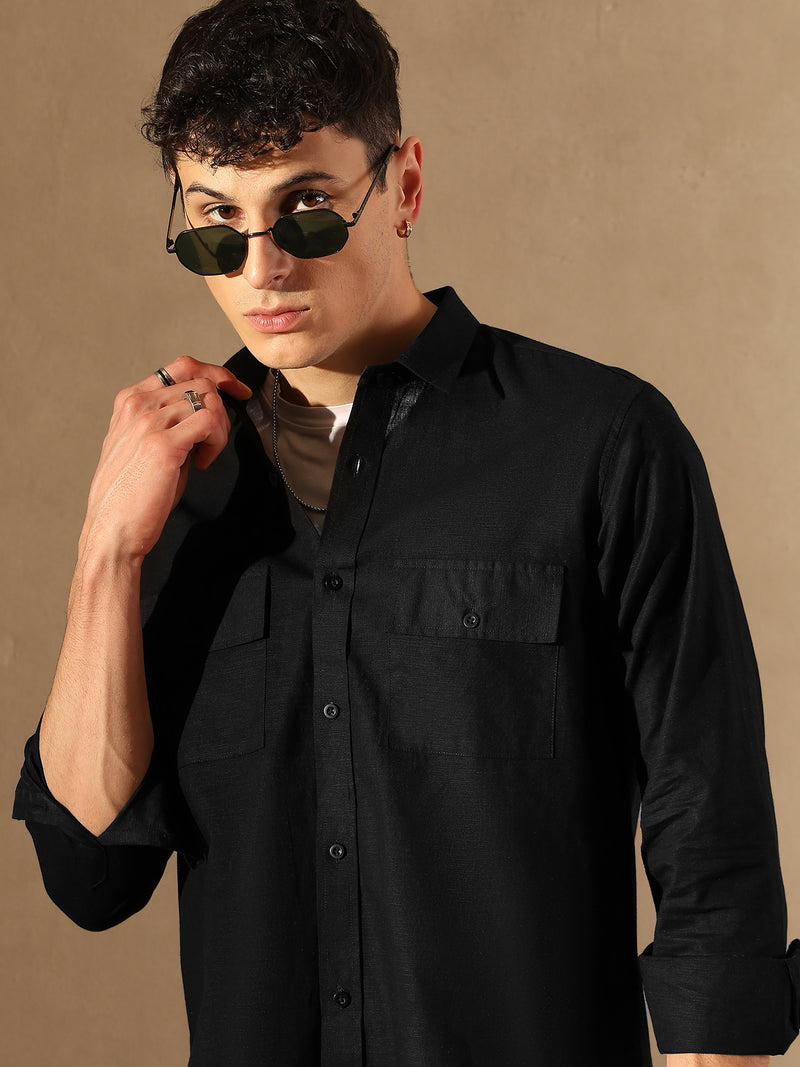 Black: Double Pocket Cotton Linen Shirt