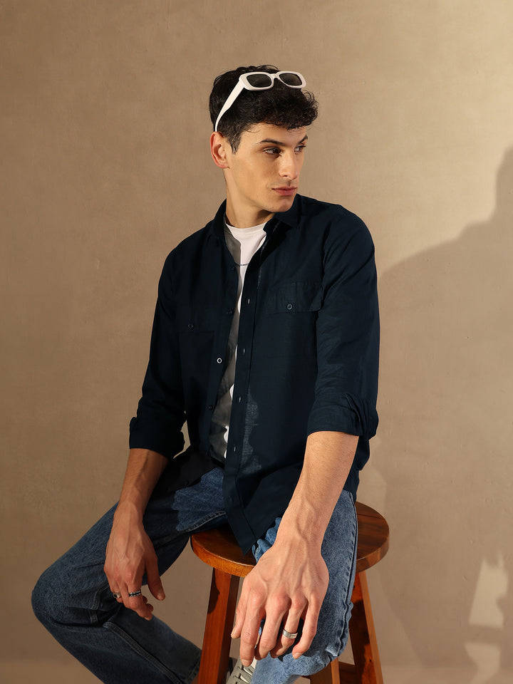 Navy Blue Double Pocket Cotton Linen Shirt