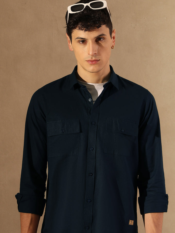 Navy Blue Double Pocket Cotton Linen Shirt