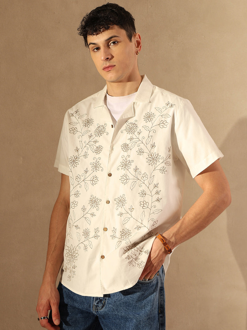 White:Half Sleeves Embroidery Casual Shirt