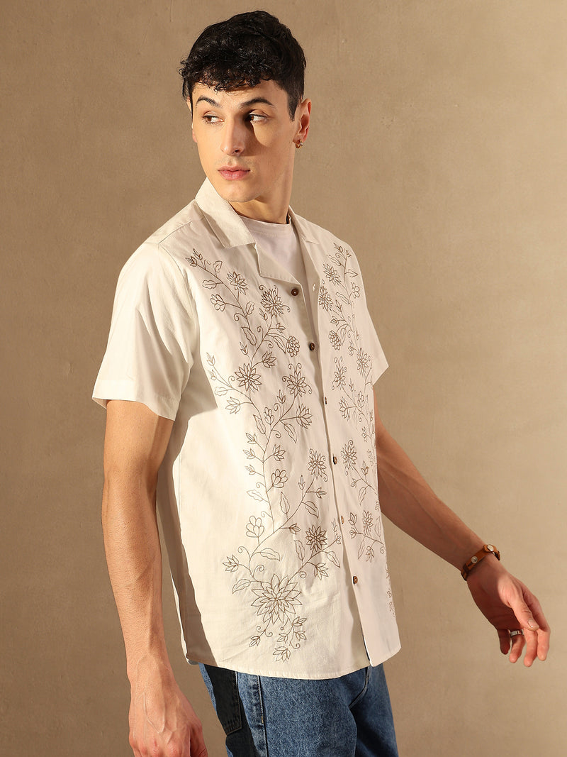 White:Half Sleeves Embroidery Casual Shirt