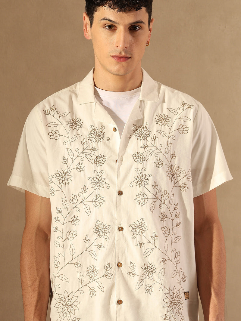 White:Half Sleeves Embroidery Casual Shirt