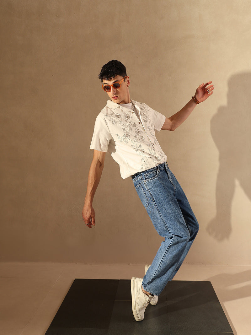 White:Half Sleeves Embroidery Casual Shirt