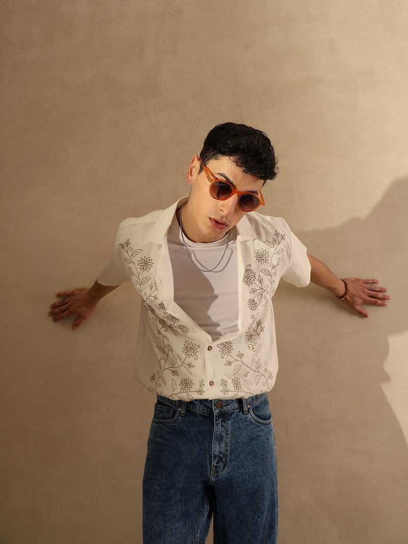 White:Half Sleeves Embroidery Casual Shirt