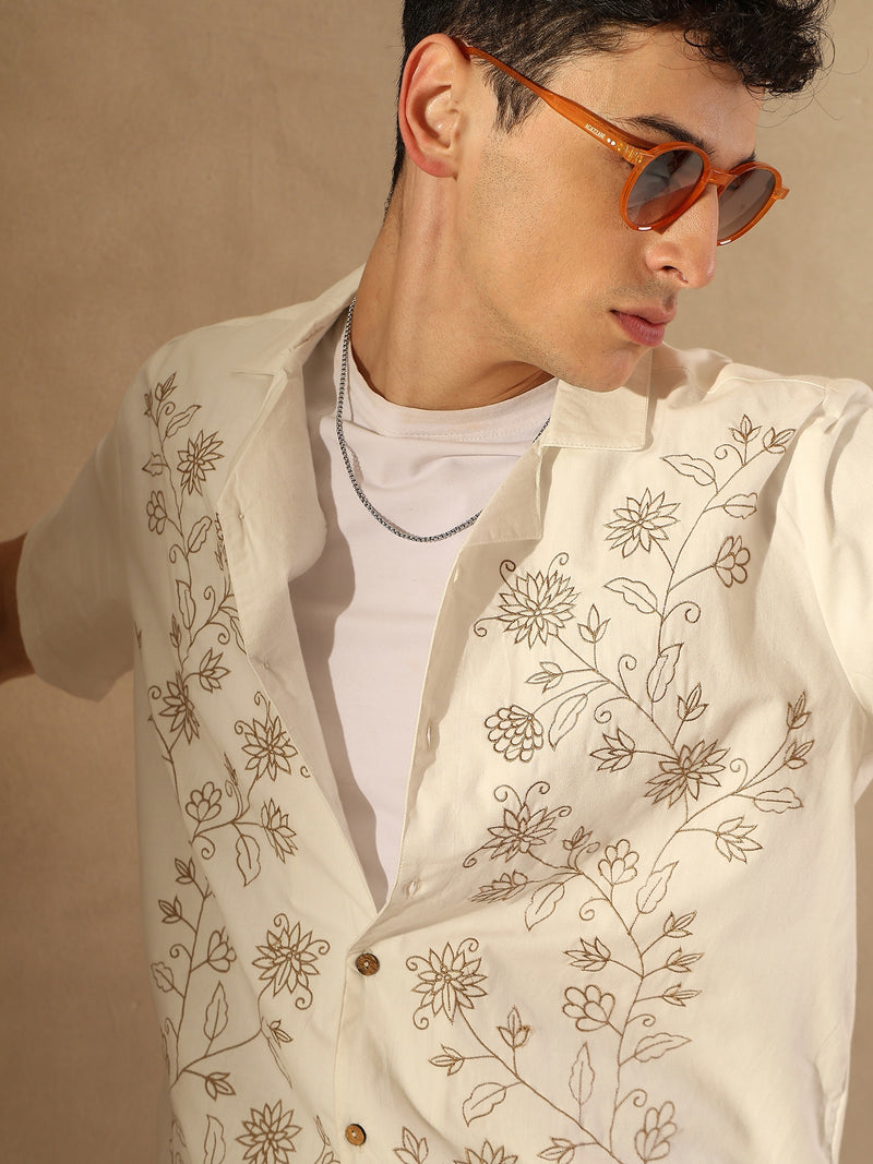 White:Half Sleeves Embroidery Casual Shirt