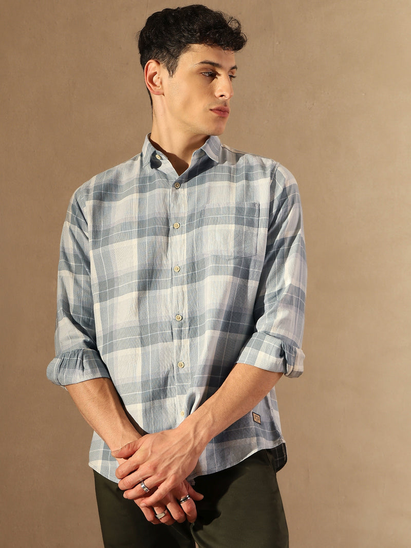 DENNISON Men Grey & Blue Checked Shirt