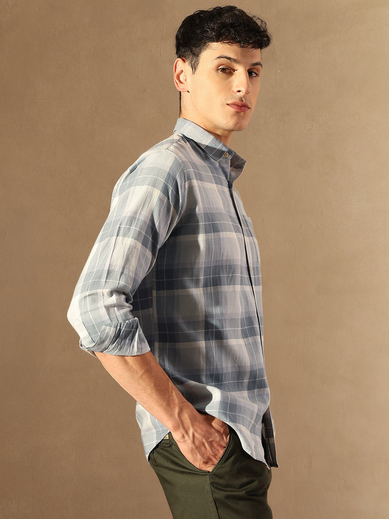 DENNISON Men Grey & Blue Checked Shirt