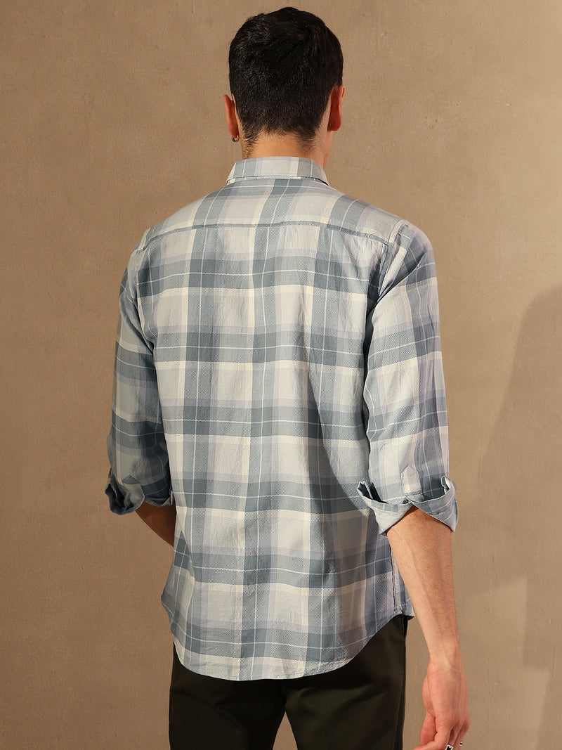 DENNISON Men Grey & Blue Checked Shirt