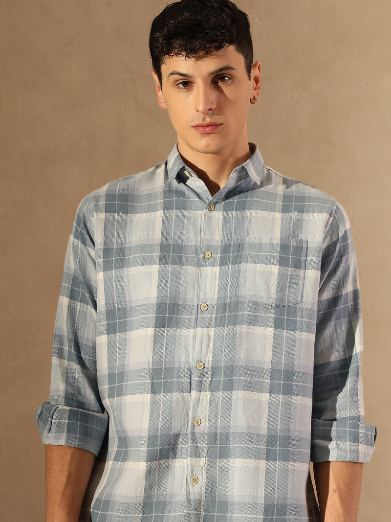 DENNISON Men Grey & Blue Checked Shirt