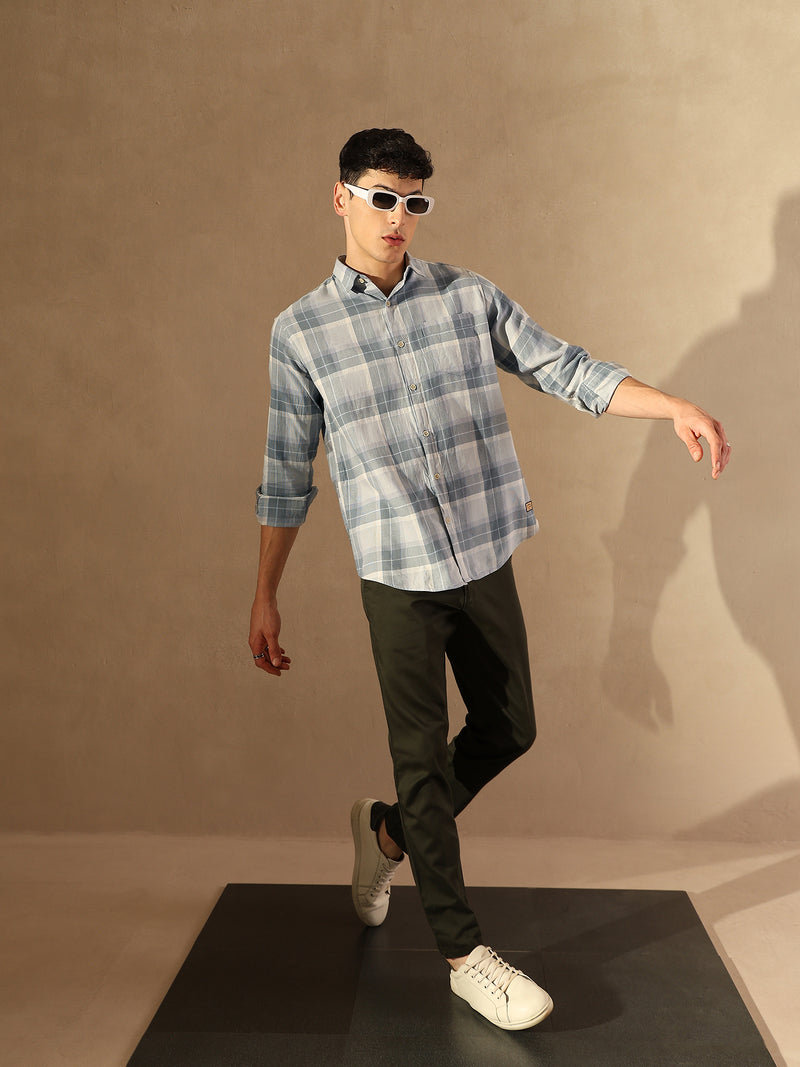 DENNISON Men Grey & Blue Checked Shirt