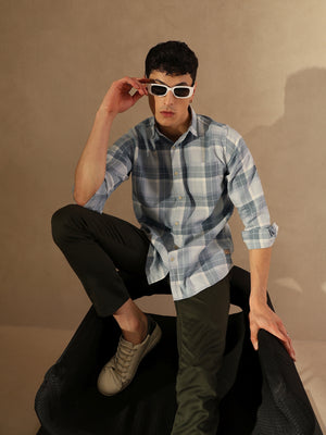 DENNISON Men Grey & Blue Checked Shirt