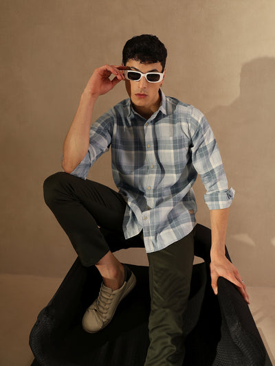 DENNISON Men Grey & Blue Checked Shirt