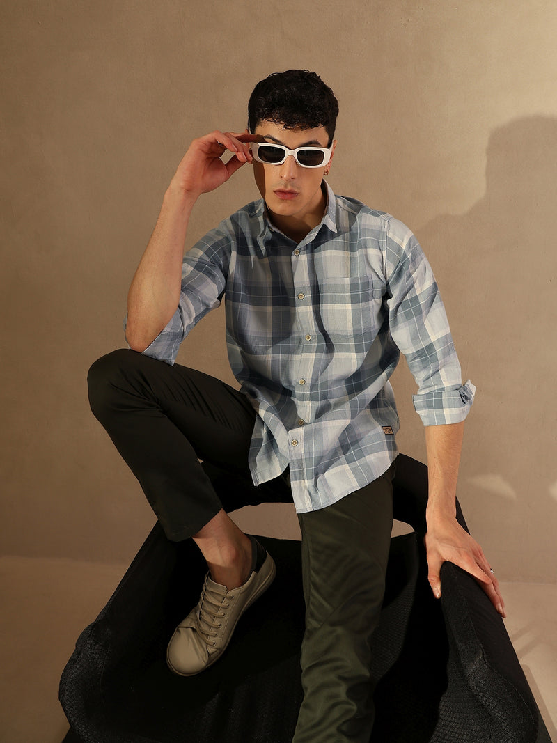 DENNISON Men Grey & Blue Checked Shirt