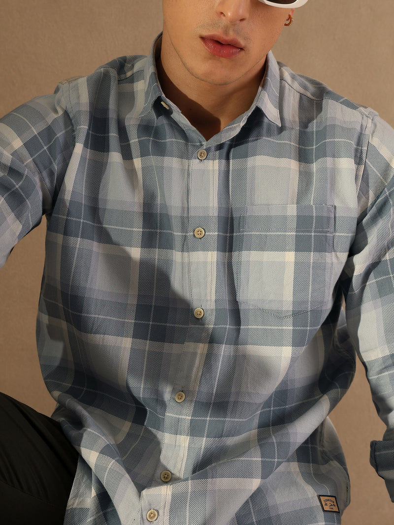 DENNISON Men Grey & Blue Checked Shirt