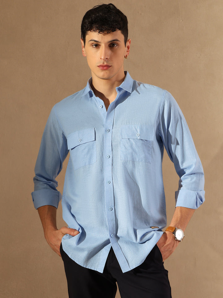 Sky Blue Double Pocket Cotton Linen Shirt