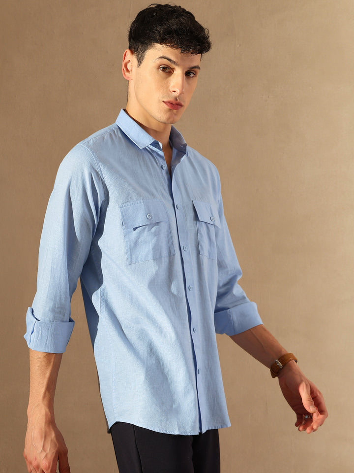 Sky Blue Double Pocket Cotton Linen Shirt