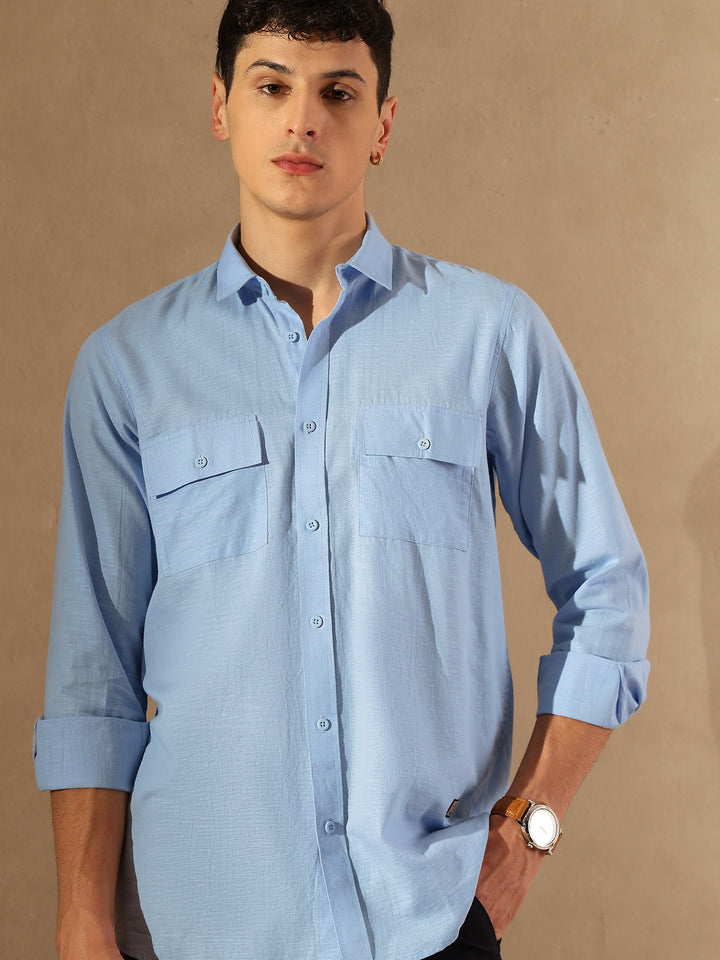 Sky Blue Double Pocket Cotton Linen Shirt