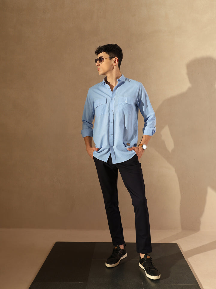 Sky Blue Double Pocket Cotton Linen Shirt