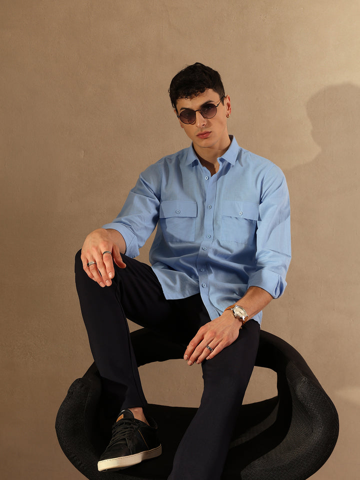 Sky Blue Double Pocket Cotton Linen Shirt