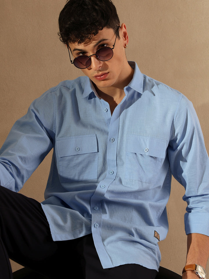 Sky Blue Double Pocket Cotton Linen Shirt