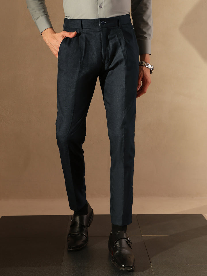 Blue Tapered Fit Pleated Trousers