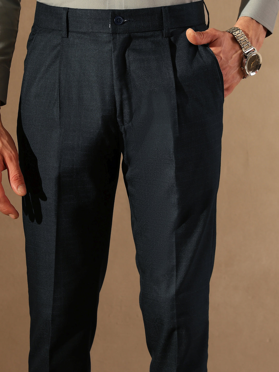 Blue Tapered Fit Pleated Trousers