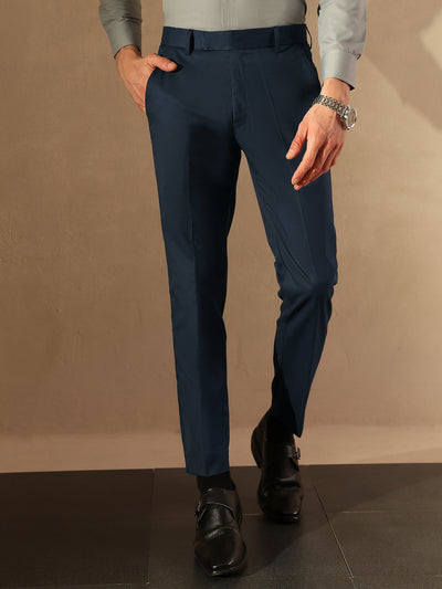 Men Navy Blue Tapered Fit Trousers