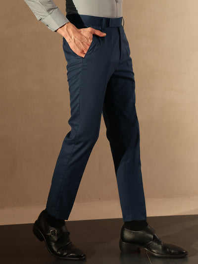 Men Navy Blue Tapered Fit Trousers