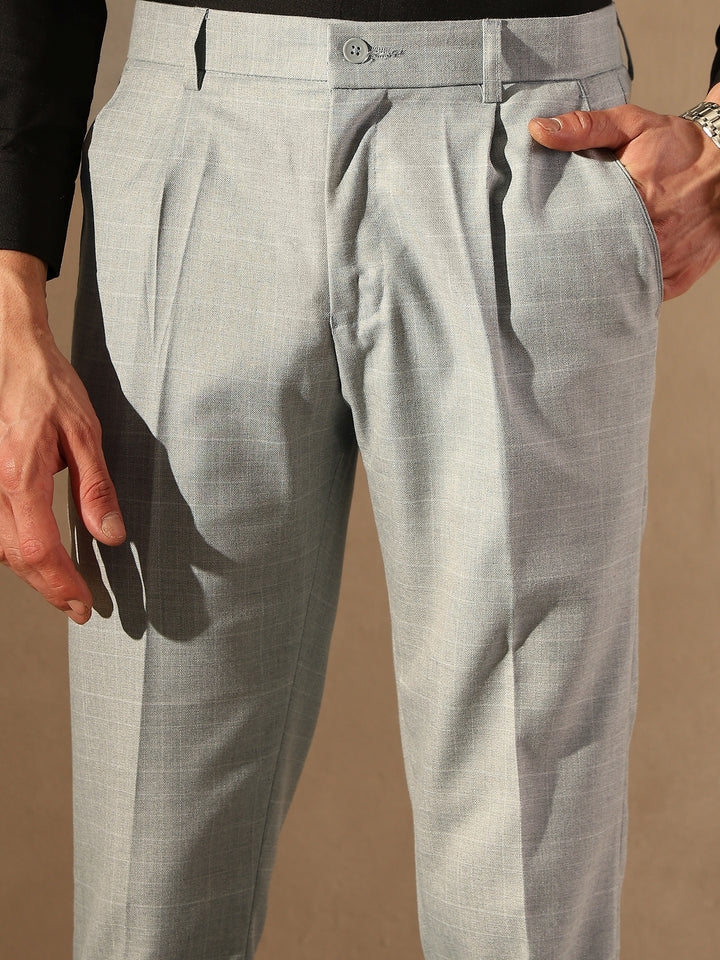 Light Grey Tapered Fit Pleated Trousers