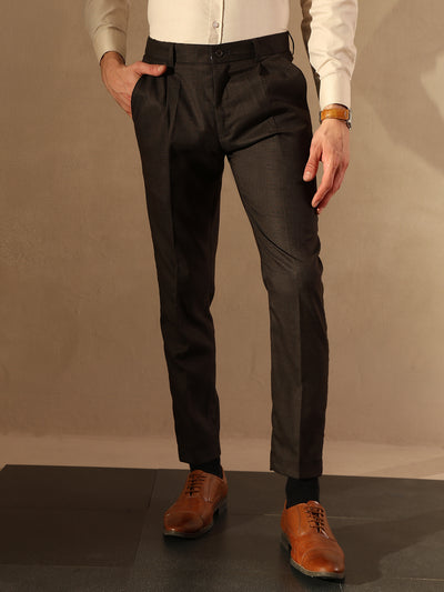 Brown Tapered Fit Pleated Trousers