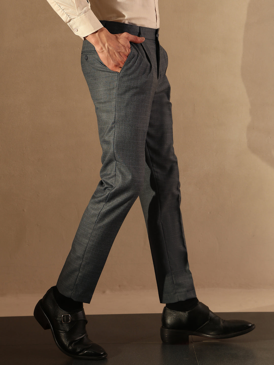 Grey Tapered Fit Pleated Trousers