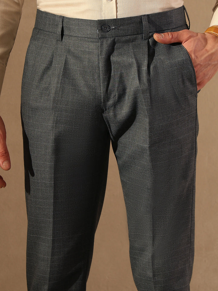 Grey Tapered Fit Pleated Trousers