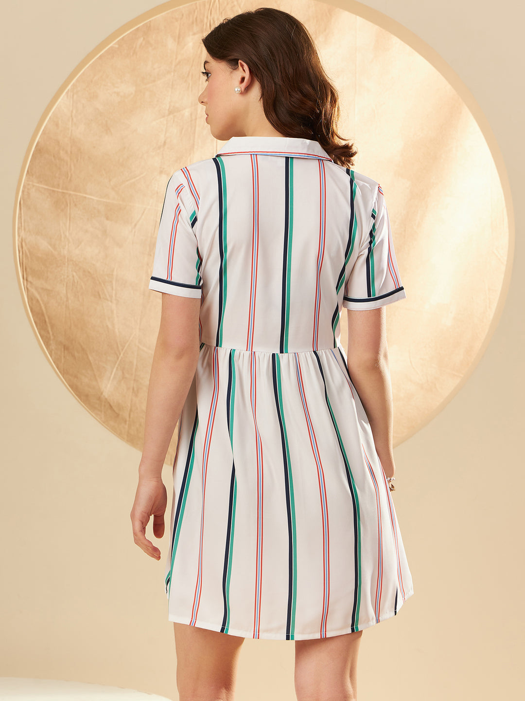 Striped Crepe Shirt Collar A-Line Dress