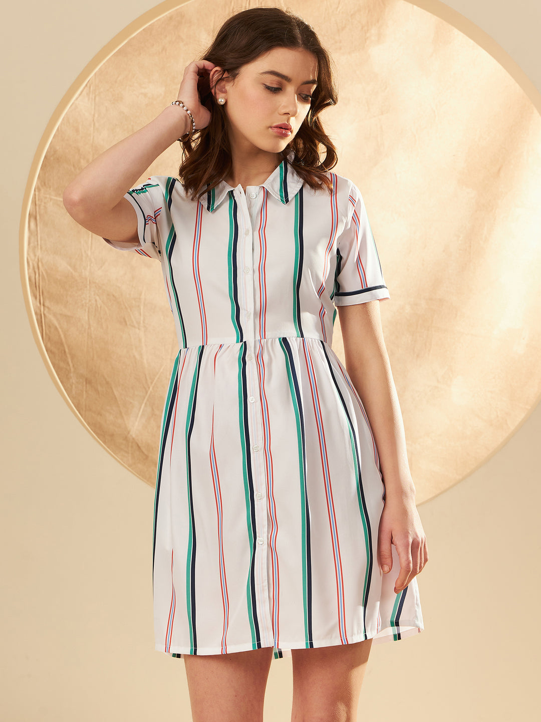 Striped Crepe Shirt Collar A-Line Dress