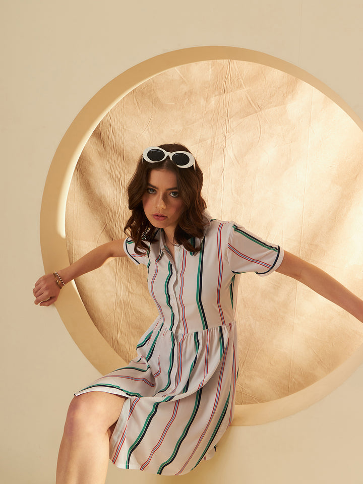 Striped Crepe Shirt Collar A-Line Dress