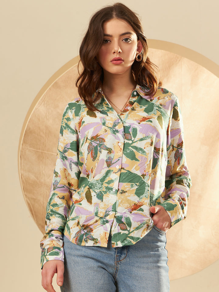 White & Green Floral Printed Casual Shirt