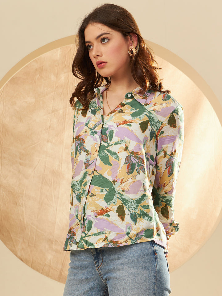 White & Green Floral Printed Casual Shirt