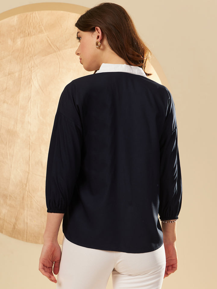 Women's Navy Blue Solid Casual Shirt