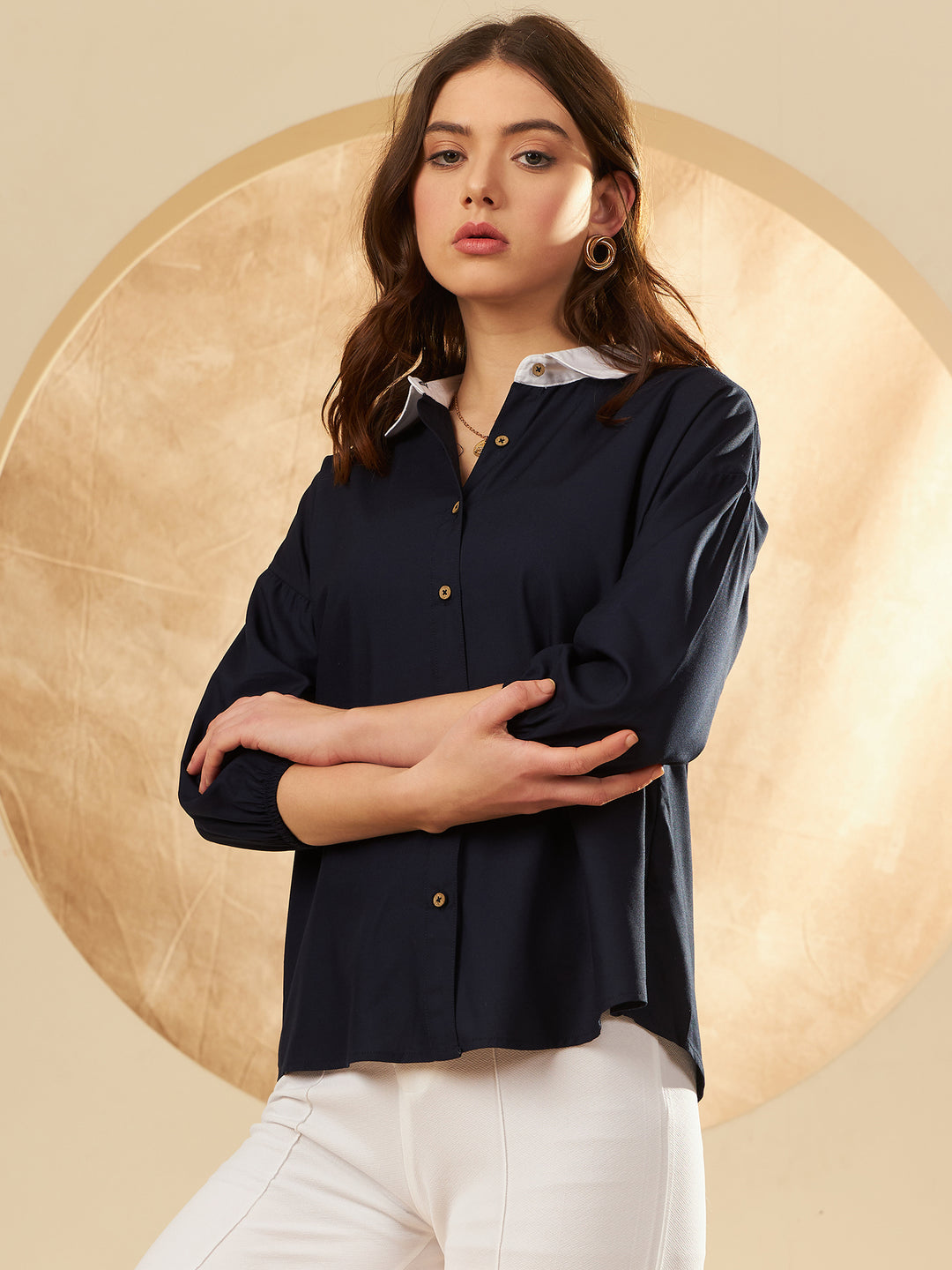 Women's Navy Blue Solid Casual Shirt