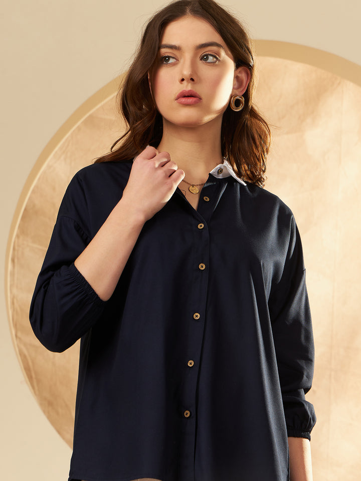 Women's Navy Blue Solid Casual Shirt