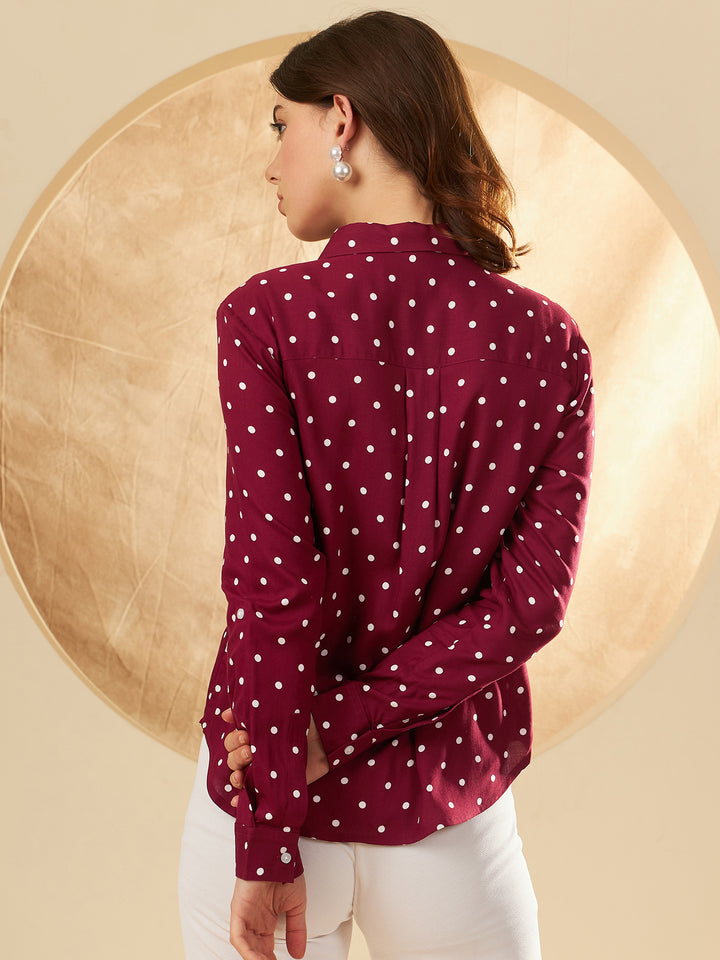 DENNISON Women Maroon & White Smart Polka Dot Printed Casual Shirt