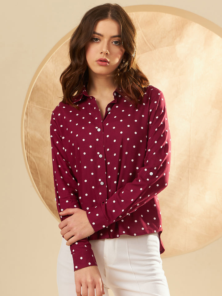 DENNISON Women Maroon & White Smart Polka Dot Printed Casual Shirt