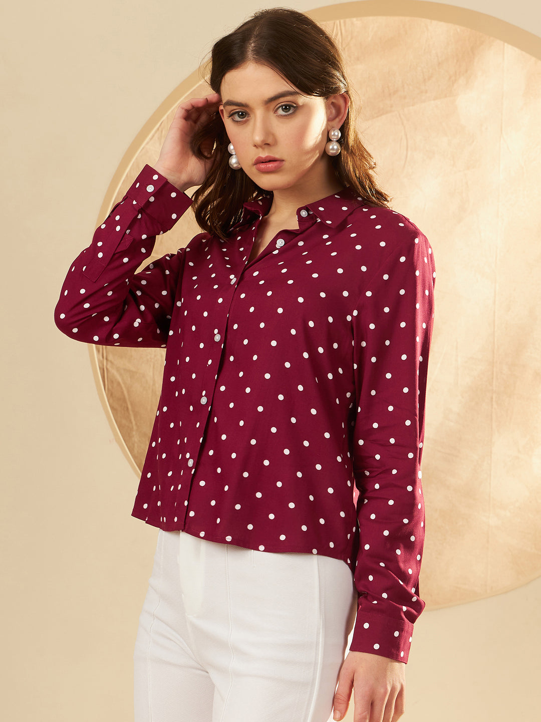 DENNISON Women Maroon & White Smart Polka Dot Printed Casual Shirt