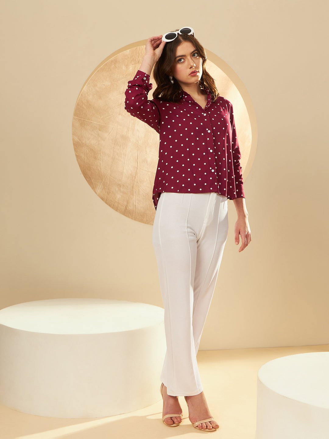 DENNISON Women Maroon & White Smart Polka Dot Printed Casual Shirt