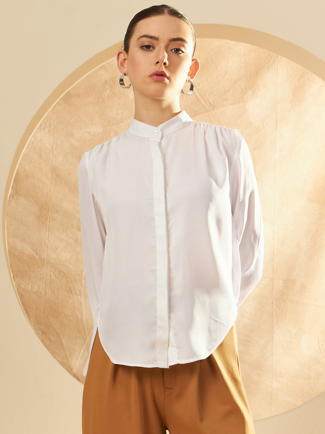 Band Collar Smocked Detail Satin Oversized Shirt