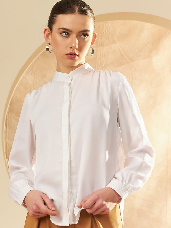 Band Collar Smocked Detail Satin Oversized Shirt