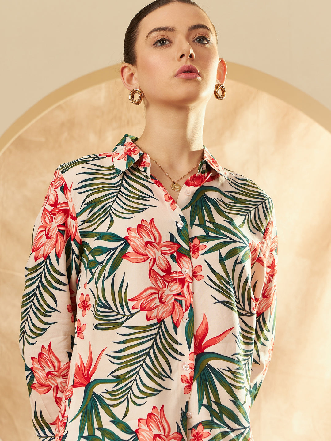 Cream Floral Printed Casual Shirt